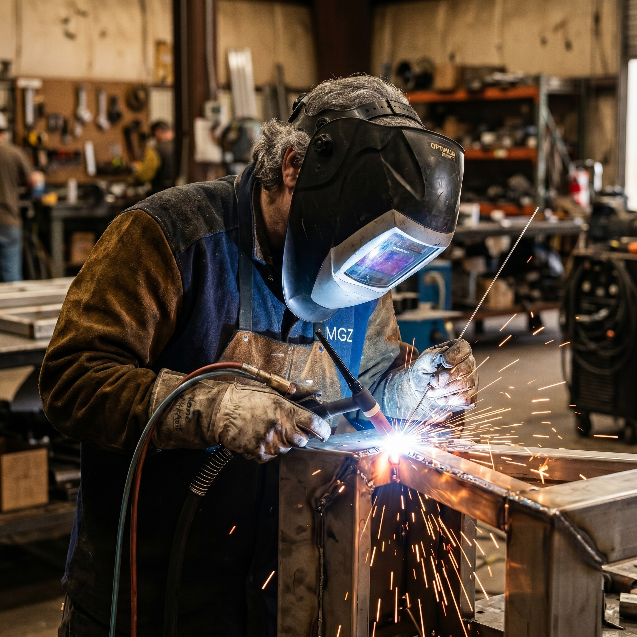 Trabajo técnico y soldadura con soldadora profesional